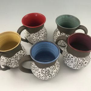 Unique Coffee Mugs - Dark Brown Stoneware Mugs with White Sgraffito