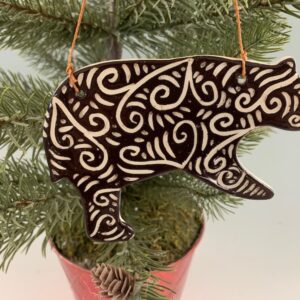 Sgraffito Bear Ornament - Brown